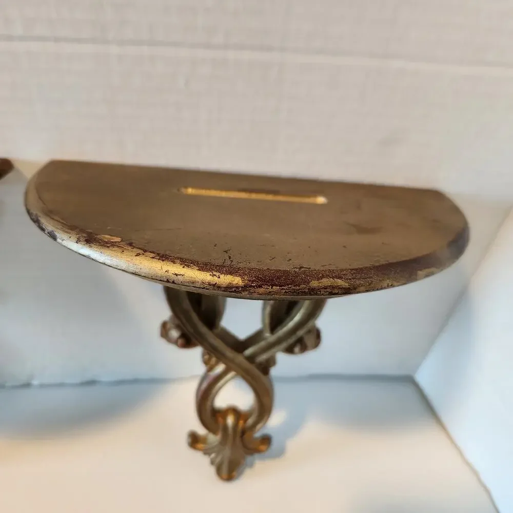 2 Vintage Hollywood Regency 60s Ornate Gold Gilded Weathered Wall Shelf Shelves
